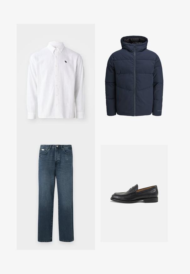 Giacca a vento blu navy con cappuccio, chiusura con zip e motivo a zig-zag. Realizzata in tessuto testurizzato con polsini elasticizzati e dettaglio del logo.; Maglione lavorato a maglia blu navy con maniche lunghe, scollatura a girocollo e polsini e orlo a coste. Presenta un piccolo logo sul petto.; Camicia bianca in lino a maniche lunghe con colletto button-down, caratterizzata da un piccolo logo blu navy. Tessuto morbido e vestibilità rilassata con chiusure a bottoni.; Jeans in denim blu scuro con vestibilità dritta, cinque tasche, passanti per cintura e zip frontale. Tessuto liscio con dettagli di sfumatura discreti.; Mocassini in pelle nera con finitura liscia, punta arrotondata e cuciture decorative sulla tomaia. Tacco basso impilato e leggero lucido.