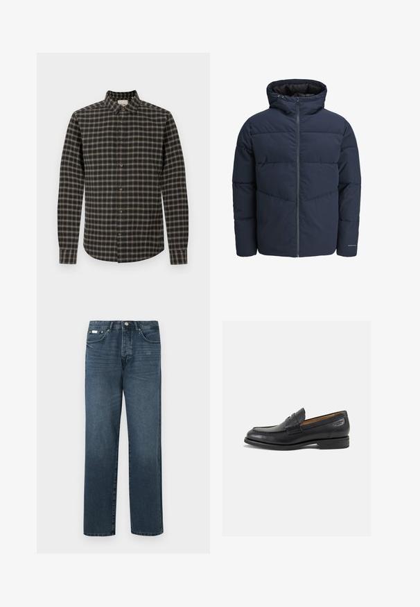 Námořnická puffer bunda s kapucí, zipem vpředu a šikmým švem. Vyrobena z texturované látky s elastickými manžetami a detailem loga.; Námořnický modrý pletený svetr s dlouhými rukávy, kulatým výstřihem a ribbovanými manžetami a lemem. Má malé logo na hrudi.; Košile na knoflíky v tmavě modro-beigovém kostkovaném vzoru. Vyrobena z měkké tkaniny s límečkem, má zakřivený lem a hnědé knoflíky.; Tmavě modré džínové kalhoty se straight fit, pěti kapsami, poutky na opasek a zipovým zapínáním. Hladká textura s jemnými detaily vyblednutí.; Černé kožené mokasíny s hladkým povrchem, zaoblenou špičkou a dekorativním prošíváním na svršku. Nízký podpatka a mírný lesk.
