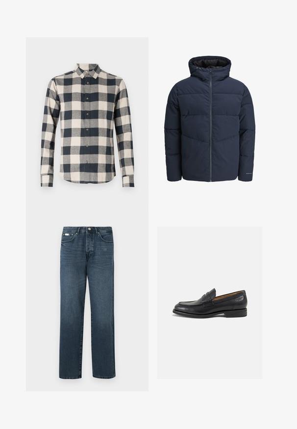 Granatowa kurtka puchowa z kapturem, zapinana na zamek, z wzorem w zygzak. Wykonana z teksturowanej tkaniny, z elastycznymi mankietami i detalem z logo.; Granatowy sweter robiony na drutach z długimi rękawami, okrągłym dekoltem oraz ściągaczami na mankietach i u dołu. Posiada małe logo na piersi.; Koszula z długim rękawem w granatowo-kremową kratę, z kołnierzykiem na guziki, z materiału bawełnianego, z zaokrąglonym dołem i kontrastującymi guzikami.; Ciemnoniebieskie dżinsy o prostym kroju, pięć kieszeni, szlufki na pasek i zamek błyskawiczny. Gładka tekstura z delikatnymi szczegółami w odbarwieniach.; Czarne skórzane mokasyny o gładkim wykończeniu, zaokrąglonym nosku i dekoracyjnym przeszyciu na cholewce. Niski, warstwowy obcas i delikatny połysk.