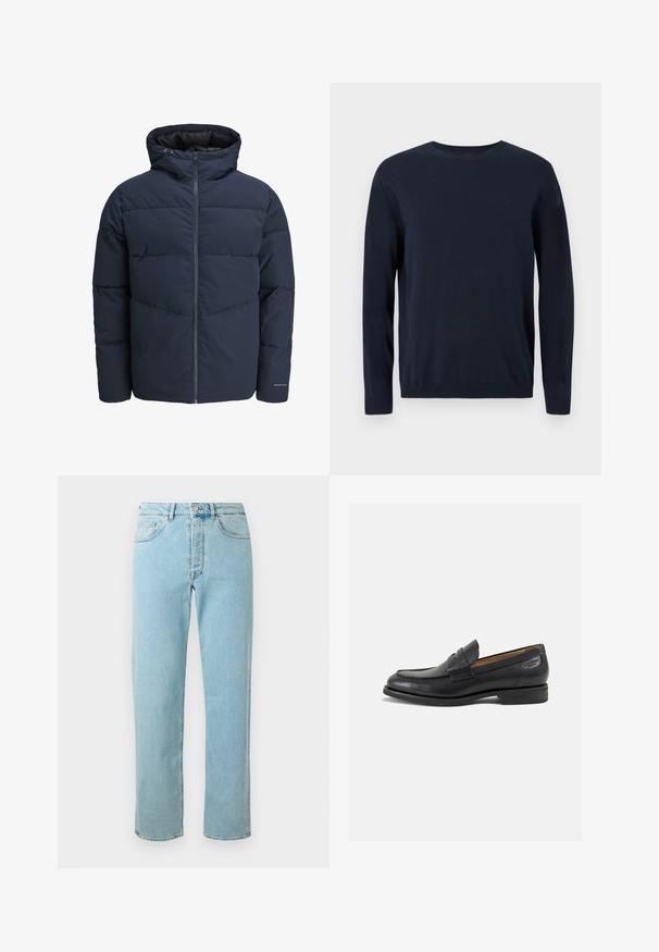 Marinblå puffjacka med huva, dragkedja fram och chevronmönster. Tillverkad av textil med elastiska ärmslut och logotypdetalj.; Marinblå stickad tröja med långa ärmar, rund halsringning och ribbade muddar och nederkant. Har en liten logotyp på bröstet.; Ljusblå denimjeans med rak passform, som har fem fickor, blixtlås och subtil blekning över hela tyget.; Svarta läder loafers med en slät ytfinish, rund tå och dekorativ sömnad på vampen. Låg staplad klack och lätt glans.