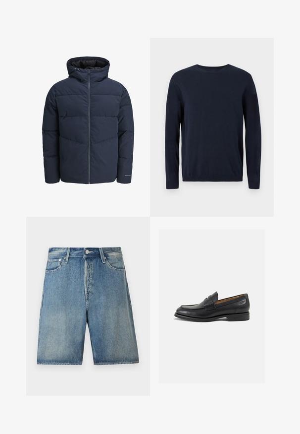 Meripihkalaavun takki hupulla, vetoketjulla ja chevron-niittykuviolla. Valmistettu teksturoidusta kankaasta, jossa on joustavat hihansuut ja logoyksityiskohta.; Tummansininen neulepaita, jossa on pitkät hihat, pyöreä kaula-aukko sekä ribbaus hihansuissa ja helmassa. Paitaa koristaa pieni logo rinnassa.; Vaaleansiniset farkkushortsit, joissa on klassinen viisi-tasku -muotoilu, nappikiinnitys, suora leikkaus ja hieman haalistunut pinta.; Mustat nahkaloaferit, joissa on sileä pinta, pyöreä varvas ja koristeompeleet varpaansuojassa. Matala pinottu korko ja hieno kiilto.