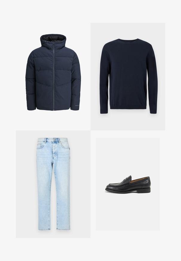 Marinblå puffjacka med huva, dragkedja fram och chevronmönster. Tillverkad av textil med elastiska ärmslut och logotypdetalj.; Marinblå stickad tröja med långa ärmar, rund halsringning och ribbade muddar och nederkant. Har en liten logotyp på bröstet.; Ljusblå jeans i denim med rak ben-design, blekt tyg och traditionell fem-fickors stil. Frontal dragkedja och knappstängning.; Svarta läder loafers med en slät ytfinish, rund tå och dekorativ sömnad på vampen. Låg staplad klack och lätt glans.