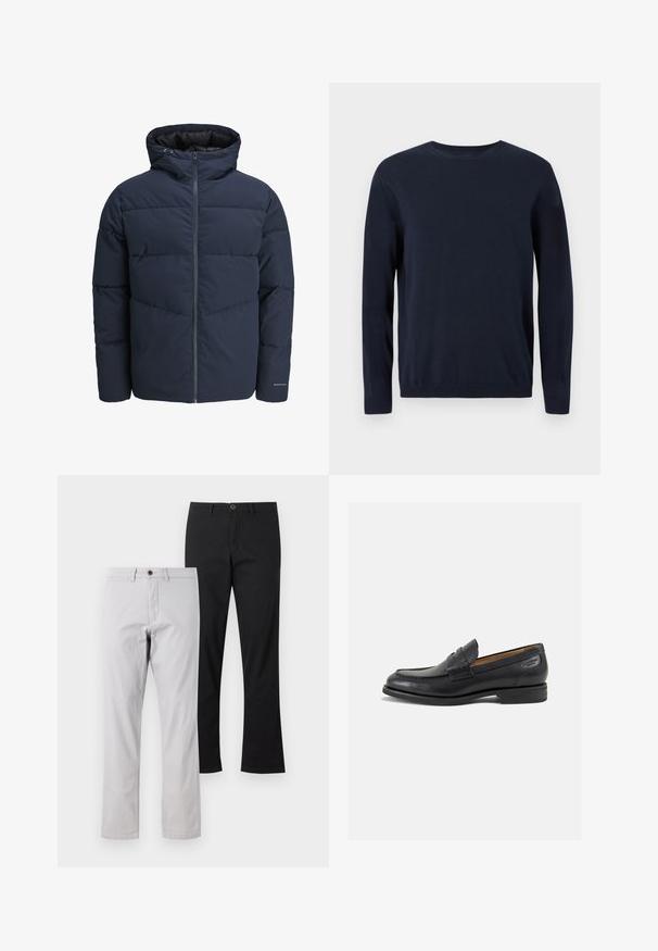 Giacca a vento blu navy con cappuccio, chiusura con zip e motivo a zig-zag. Realizzata in tessuto testurizzato con polsini elasticizzati e dettaglio del logo.; Maglione lavorato a maglia blu navy con maniche lunghe, scollatura a girocollo e polsini e orlo a coste. Presenta un piccolo logo sul petto.; Due paia di pantaloni dritti: uno in grigio chiaro con un bottone marrone e uno in nero uniforme. Entrambi presentano una texture in cotone liscia.; Mocassini in pelle nera con finitura liscia, punta arrotondata e cuciture decorative sulla tomaia. Tacco basso impilato e leggero lucido.