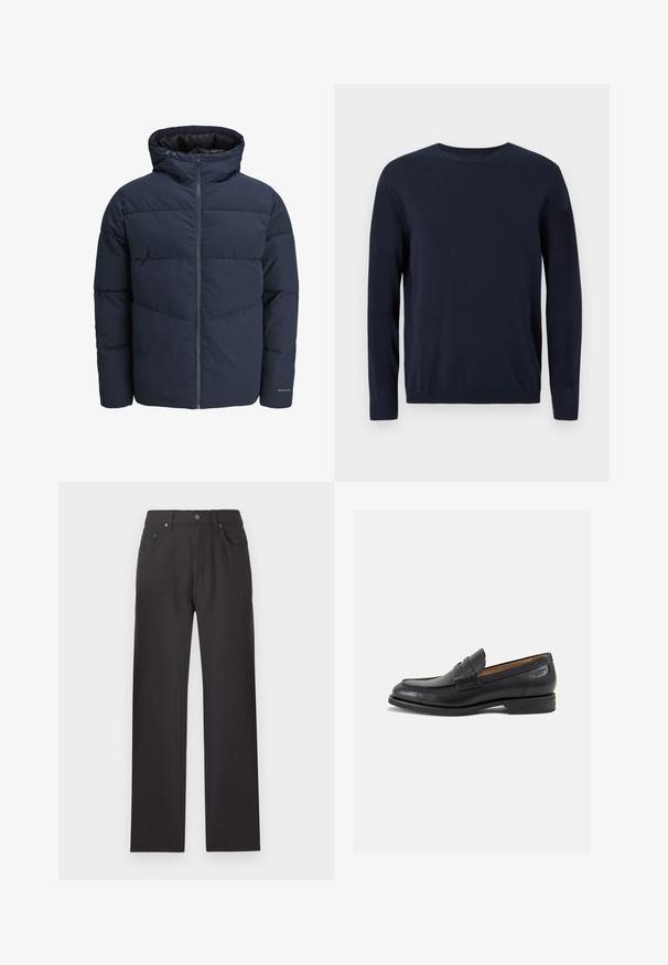 Marineblaue Pufferjacke mit Kapuze, Reißverschluss vorne und Chevron-Nähten. Hergestellt aus strukturiertem Stoff mit elastischen Bündchen und einem Logodetail.; Marineblauer Strickpullover mit langen Ärmeln, Rundhalsausschnitt und gerippten Bündchen sowie Saum. Es hat ein kleines Logo auf der Brust.; Schwarze Jeans mit geradem Schnitt, sichtbaren Nähten, fünf Taschen und einem Knopfverschluss an der Taille. Glatte Textur.; Schwarze Leder Slipper mit glatter Oberfläche, runder Spitze und dekorativer Naht auf dem Vorderblatt. Niedriger Blockabsatz und leichter Glanz.