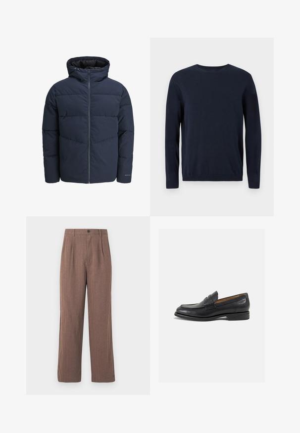 Tamsiai mėlynas pūkinis švarkas su gaubtu, užtrauktuku priekyje ir chevrono raštu. Pagamintas iš tekstūruotos medžiagos su elastinėmis rankovėmis ir logotipo detale.; Tamsiai mėlynas megztinis su ilgomis rankovėmis, apvaliu iškirpimu ir nusmukusiais rankogaliais bei apačia. Ant krūtinės yra mažas logotipas.; Rudos, plačios kojų kelnės, pagamintos iš tekstūruoto audinio, su priekyje esančiomis klostėmis ir mygtuko uždarymu juosmens srityje. Prisiūtas dizainas su švariomis liniijomis.; Juodi odiniai loafersai su lygiu paviršiumi, apvaliu pirštu ir dekoratyvine siūlė viršuje. Žemas sustiprintas kulnas ir lengvas blizgesys.