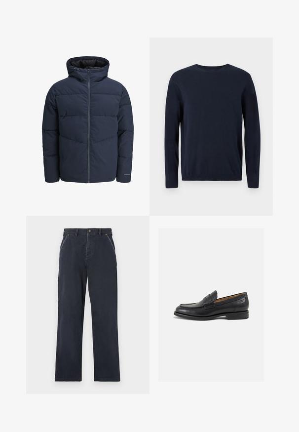Sötétkék puffajacket kapucnival, cipzáros elülső résszel és chevron mintázattal. Texturált anyagból készült, rugalmas mandzsettákkal és logórészlettel.; Sötétkék kötött pulóver hosszú ujjal, kerek nyakkal, bordázott mandzsettával és szegéllyel. Kicsi logó található a mellkason.; Sötétkék pamut nadrág egyenes láb kialakítással. Előre zsebekkel, gombos záródással és látható varrási részletekkel rendelkezik.; Fekete bőr loaferek sima felülettel, lekerekített orral és díszítő varrással a lábfejen. Alacsony, réteges sarkú és enyhe fényű.
