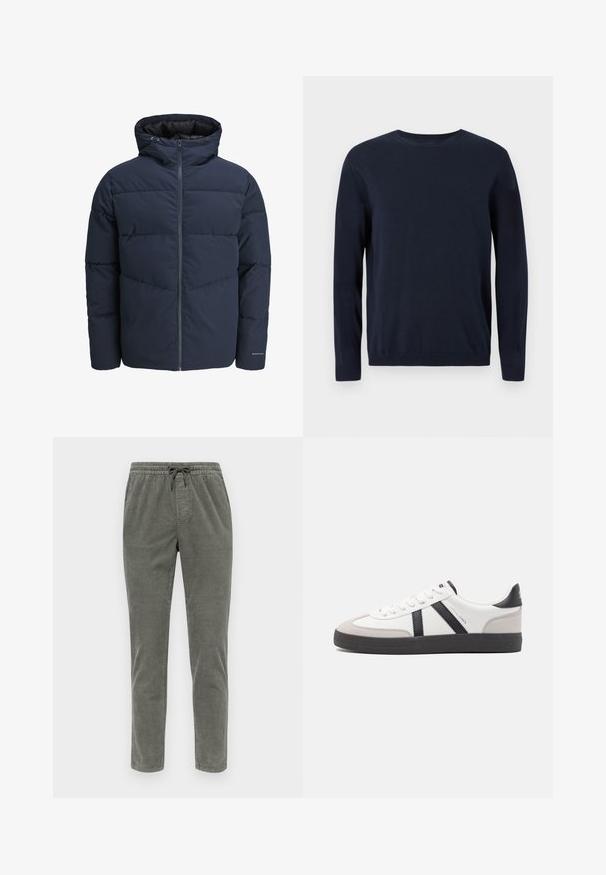 Tamsiai mėlynas pūkinis švarkas su gaubtu, užtrauktuku priekyje ir chevrono raštu. Pagamintas iš tekstūruotos medžiagos su elastinėmis rankovėmis ir logotipo detale.; Tamsiai mėlynas megztinis su ilgomis rankovėmis, apvaliu iškirpimu ir nusmukusiais rankogaliais bei apačia. Ant krūtinės yra mažas logotipas.; Alyvuogių spalvos džinsai iš kordūro, su elastine juosta ir raišteliu, tiesiomis kojomis ir tekstūruotu audinio raštu.; Balti sportbačiai su juodais ir pilkais akcentais, pasižymintys tekstūruotu pilku pirštų dangteliu, juoda gumine padais ir plokščiomis baltomis raišteliais. Švarus dizainas, minimalistinis stilius.