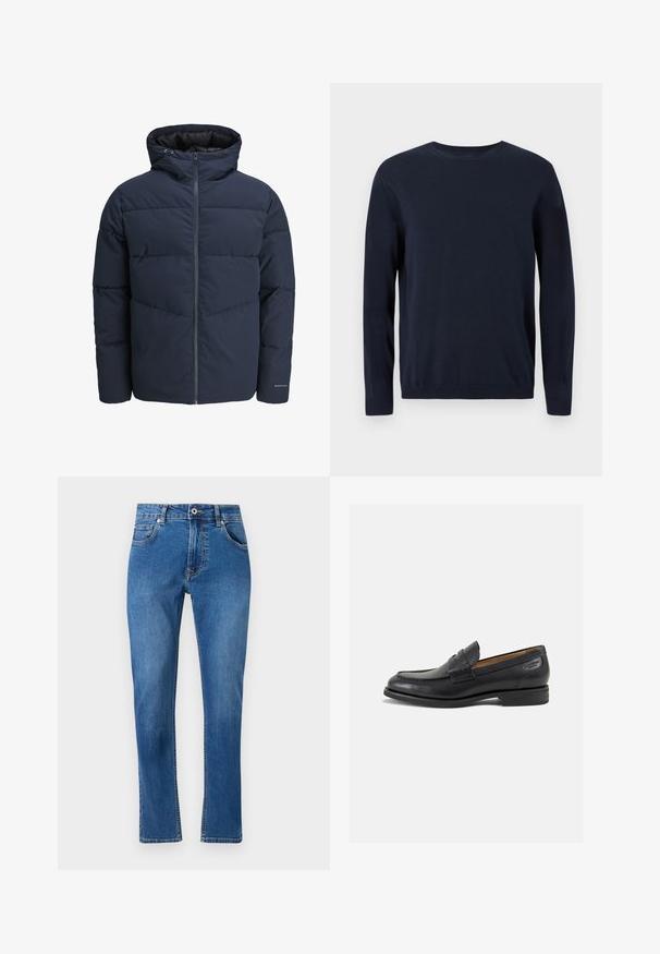 Meripihkalaavun takki hupulla, vetoketjulla ja chevron-niittykuviolla. Valmistettu teksturoidusta kankaasta, jossa on joustavat hihansuut ja logoyksityiskohta.; Tummansininen neulepaita, jossa on pitkät hihat, pyöreä kaula-aukko sekä ribbaus hihansuissa ja helmassa. Paitaa koristaa pieni logo rinnassa.; Siniset farkut suoran lahkeen muotoilulla, viisi taskua ja näkyviäommeltietoja. Materiaali näyttää kevyeltä haalistumiselta. Klassinen tyyli.; Mustat nahkaloaferit, joissa on sileä pinta, pyöreä varvas ja koristeompeleet varpaansuojassa. Matala pinottu korko ja hieno kiilto.