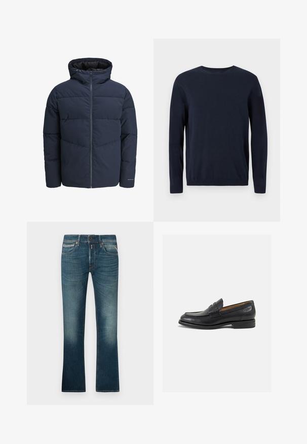 Jūras spēku stila pūkains džemperis ar kapuci, ar rāvējslēdzēju priekšpusē un ķevrona šuvju rakstu. Izgatavots no teksturēta auduma, ar elastīgām aprocēm un logotipa detalizāciju.; Tumši zila adīta džemperis ar garām piedurknēm, apaļu kakla izgriezumu un ribotiem piedurkņu galiem un apakšmalu. Uz krūtīm ir neliels logo.; Zili džinsi ar izbalētu mazgāšanu, pieci kabatas, rāvējslēdzēju aizdare un taisna kāja. Šuvju vīles ar kontrastējošu diegu.; Melnas ādas loafers ar gludu apdari, noapaļotu purngalu un dekoratīvām šuvēm uz virsu. Zems, sakrauta papēža un neliels spīdums.