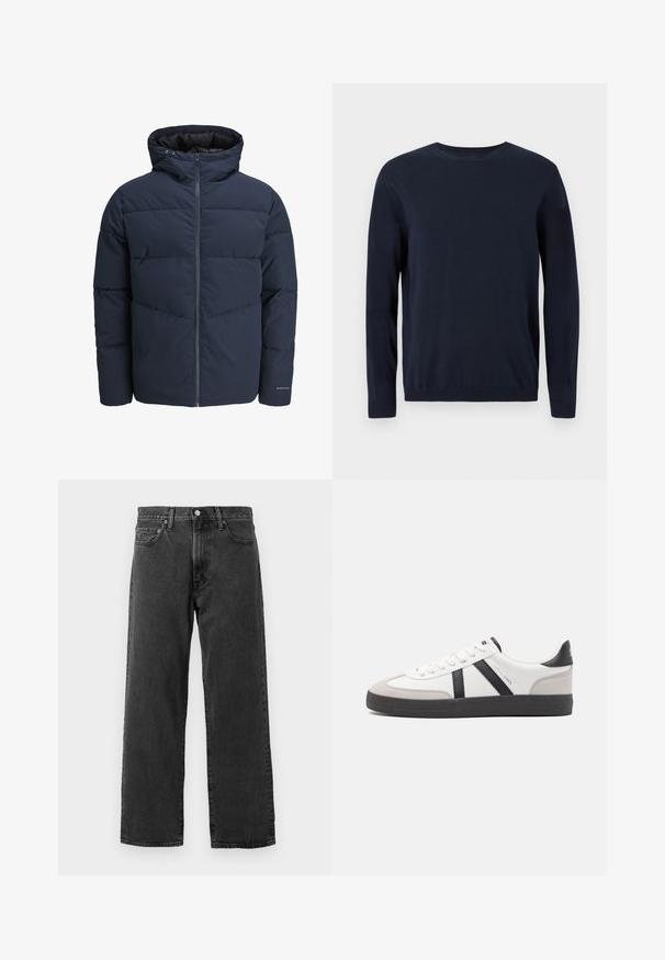 Mornarska puf jakna s kapuco, zadrgo spredaj in chevron vzorcem. Narejena iz teksturiranega blaga z elastičnimi manšetami in logotipom.; Temno modra pletena majica z dolgimi rokavi, krožnim izrezom in rebrastimi manšetami ter robom. Ima majhen logotip na prsih.; Črne kavbojke iz denima s ravnim krojem, pet žepov in klasičnim gumbnim zapiranjem. Imajo subtilno teksturirano blago.; Bela športna obutev z črnimi in sivo akcenti, z teksturirano sivo kapico za prste, črnim gumijastim podplatom in ravnimi belimi vezalkami. Čista zasnova, minimalistični slog.