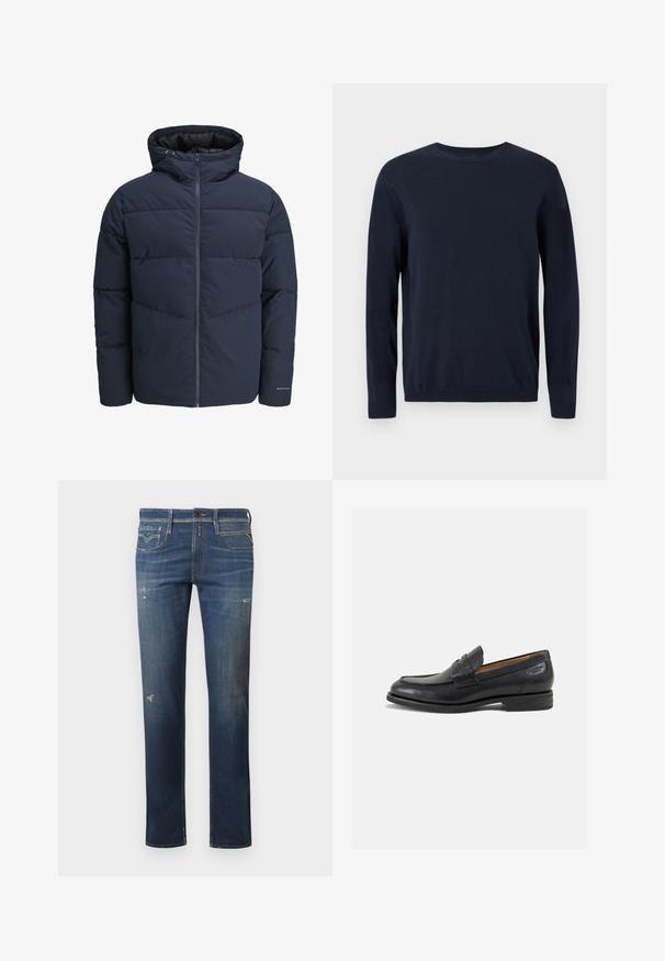 Mornarska puf jakna s kapuco, zadrgo spredaj in chevron vzorcem. Narejena iz teksturiranega blaga z elastičnimi manšetami in logotipom.; Temno modra pletena majica z dolgimi rokavi, krožnim izrezom in rebrastimi manšetami ter robom. Ima majhen logotip na prsih.; Temno modri jeans z ravnim hlačnicami, z obrabljenimi deli, subtilnim zbledelostjo in tradicionalnim pet-žepnim dizajnom ter gumbom za zapiranje.; Črne usnjene loafers cipele z gladko površino, zaobljenim nosom in dekorativnim šivom na vampu. Nizek zloženi peti in rahla sijaj.