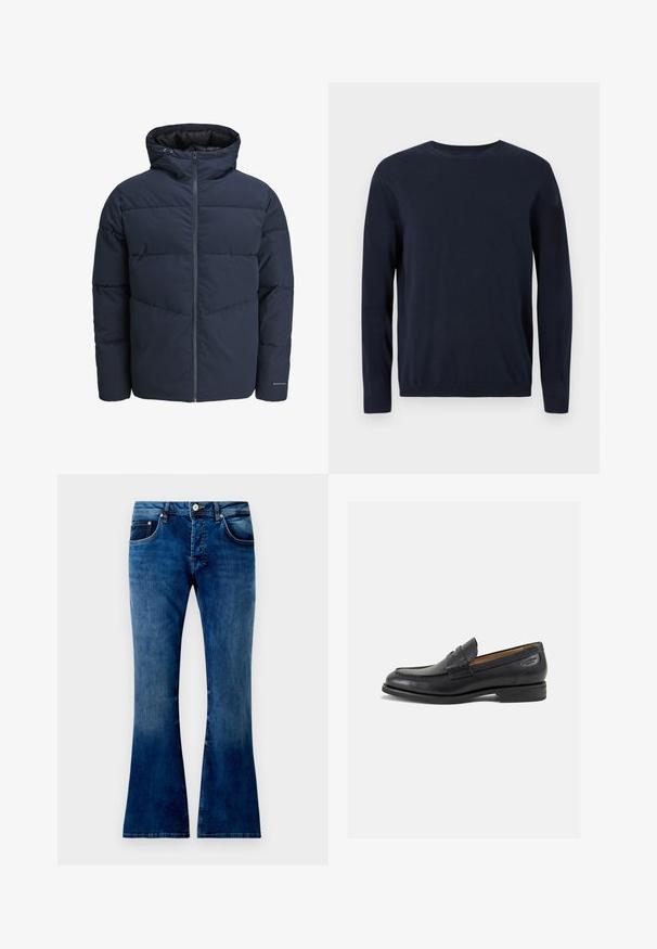 Casaco puffer azul-marinho com capuz, fecho de correr à frente e padrão de costura em Chevron. Feito de tecido texturizado com punhos elásticos e detalhe de logótipo.; Sweater de malha azul-marinho com mangas longas, decote redondo e punhos e bainha canelados. Apresenta um pequeno logótipo no peito.; Jeans de ganga azuis de boca ampla com lavagem média, apresentando cinco bolsos, fecho com botão e costura visível. Textura suave com leve desbotamento.; Mocassins pretos de pele com um acabamento suave, bico redondo e costura decorativa no a parte superior. Salto baixo e empilhado com um ligeiro brilho.