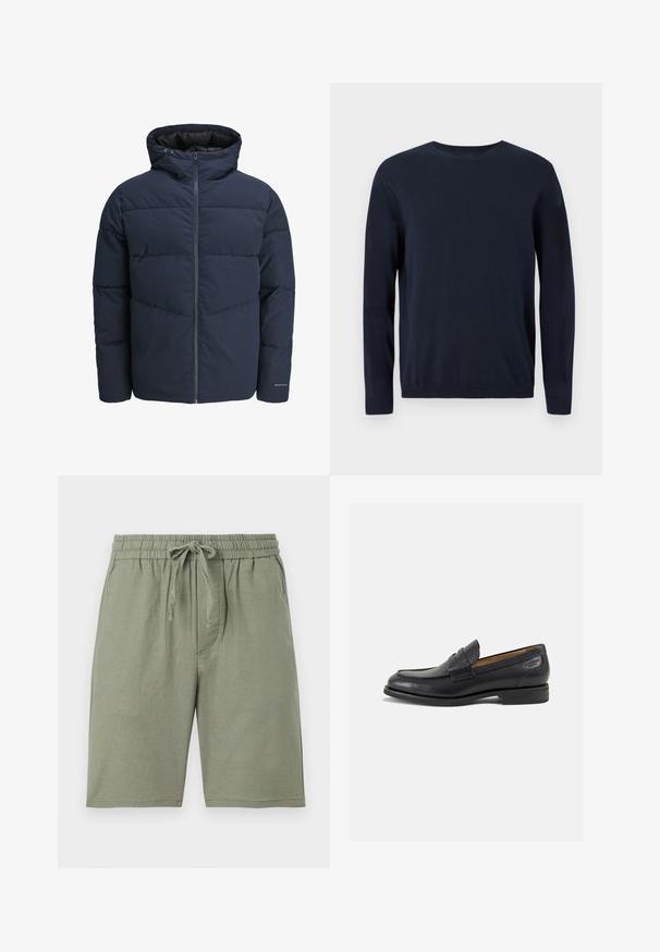 Giacca a vento blu navy con cappuccio, chiusura con zip e motivo a zig-zag. Realizzata in tessuto testurizzato con polsini elasticizzati e dettaglio del logo.; Maglione lavorato a maglia blu navy con maniche lunghe, scollatura a girocollo e polsini e orlo a coste. Presenta un piccolo logo sul petto.; Pantaloni corti in cotone verde chiaro con elastico in vita e cordino regolabile. Presentano tasche laterali e un taglio all'altezza del ginocchio.; Mocassini in pelle nera con finitura liscia, punta arrotondata e cuciture decorative sulla tomaia. Tacco basso impilato e leggero lucido.