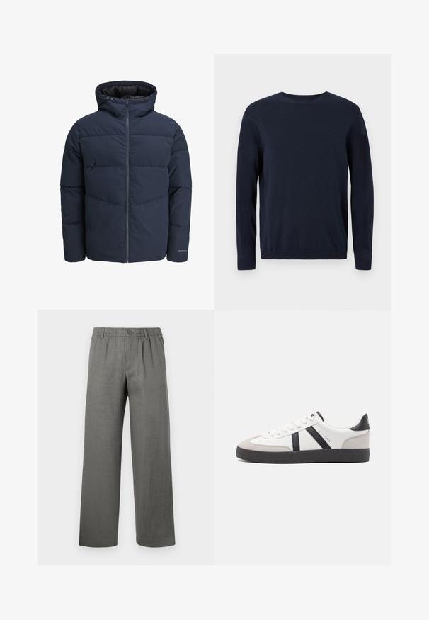 Veste en duvet navy avec capuche, fermeture éclair à l'avant et motif de piqûre en chevrons. Fabriquée en tissu texturé avec des poignets élastiques et un détail de logo.; Pull en maille bleu marine à manches longues, col rond, avec des poignets et un ourlet côtelés. Présente un petit logo sur la poitrine.; Pantalons en lin gris avec une coupe décontractée, taille élastique, fermeture à bouton et jambes droites. Texture lisse, design minimaliste.; Baskets blanches avec des accents noirs et gris, présentant un embout texturé gris, une semelle en caoutchouc noir et des lacets plats blancs. Design épuré, style minimaliste.