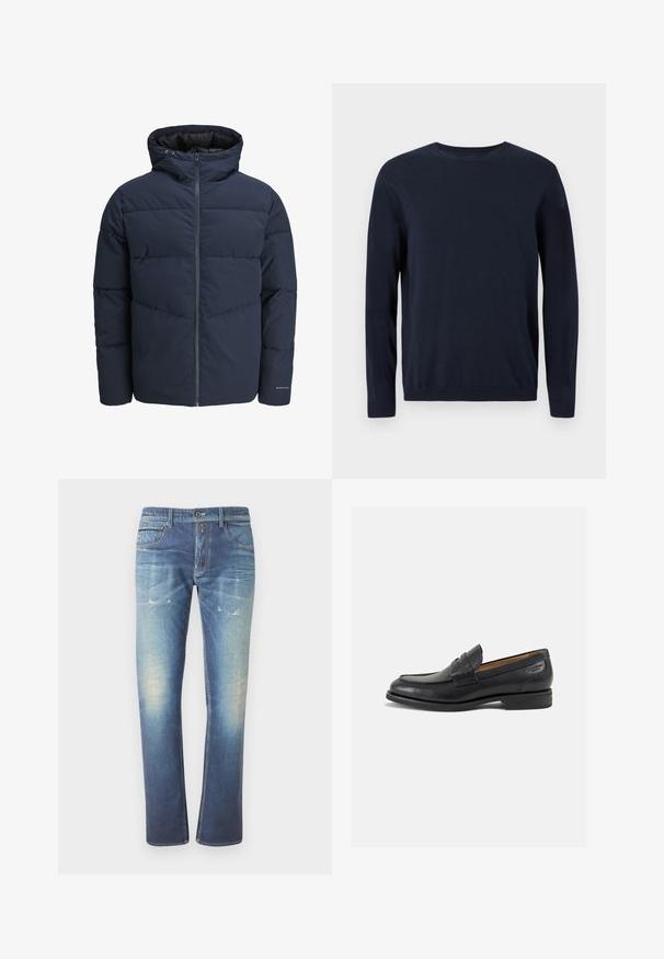Sötétkék puffajacket kapucnival, cipzáros elülső résszel és chevron mintázattal. Texturált anyagból készült, rugalmas mandzsettákkal és logórészlettel.; Sötétkék kötött pulóver hosszú ujjal, kerek nyakkal, bordázott mandzsettával és szegéllyel. Kicsi logó található a mellkason.; Kék farmernadrág elhalványodott felülettel, diszkrét koptatással és sérülésekkel. Öt zseb, gombos záródás és egyenes szárú dizájn jellemzi.; Fekete bőr loaferek sima felülettel, lekerekített orral és díszítő varrással a lábfejen. Alacsony, réteges sarkú és enyhe fényű.