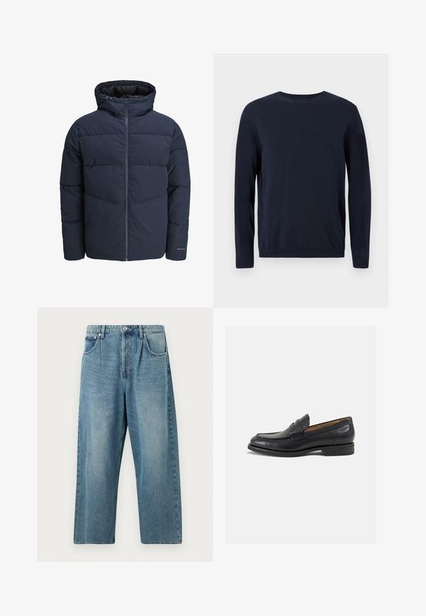 Navy pufferjakke med hette, glidelås foran og chevron søm mønster. Laget av strukturert stoff med elastiske mansjetter og logo detalj.; Marineblå strikkegenser med lange ermer, rund hals og ribbestrikkede mansjetter og nederkant. Har et lite logo på brystet.; Lys blå denimjeans med rette ben, som har knappestenging, to frontlommmer og en klassisk falmet tekstur.; Sorte lær loafers med en glat overflade, rund tå og dekorativ syning på forfoden. Lav stablet hæl og let glans.