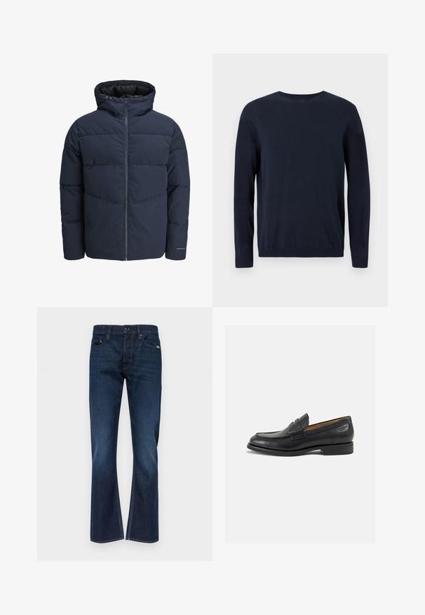 Giacca a vento blu navy con cappuccio, chiusura con zip e motivo a zig-zag. Realizzata in tessuto testurizzato con polsini elasticizzati e dettaglio del logo.; Maglione lavorato a maglia blu navy con maniche lunghe, scollatura a girocollo e polsini e orlo a coste. Presenta un piccolo logo sul petto.; Jeans in denim blu scuro con un design a gamba dritta, dotati di cinque tasche, passanti per cintura e dettagli di cucitura a contrasto.; Mocassini in pelle nera con finitura liscia, punta arrotondata e cuciture decorative sulla tomaia. Tacco basso impilato e leggero lucido.