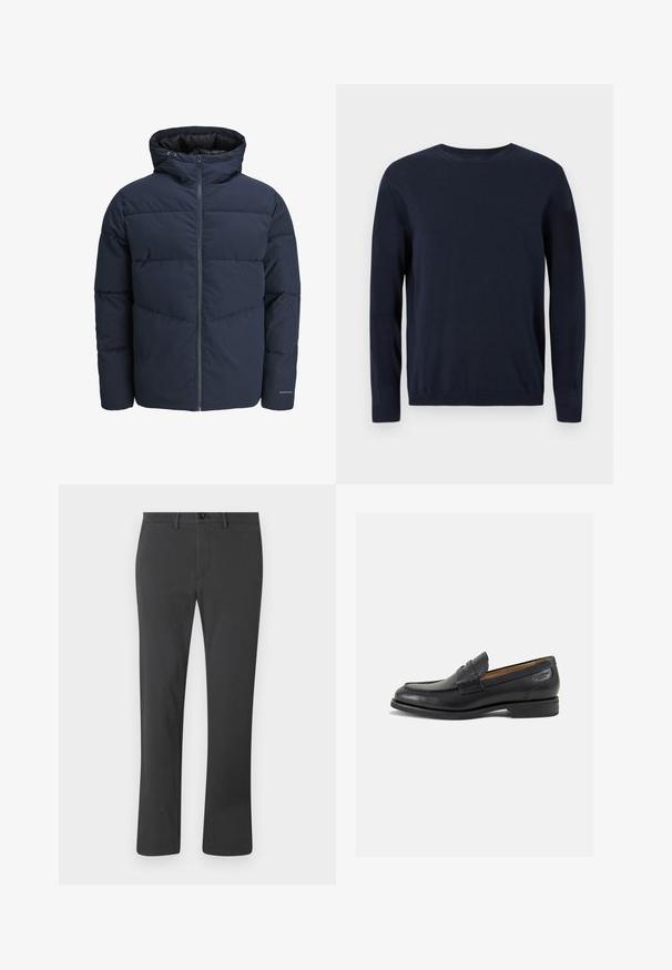 Marineblå pufferjakke med hætte, lynlås foran og chevron syning mønster. Lavet af tekstureret stof med elastiske manchetter og logo detaljer.; Marineblå strikket sweater med lange ærmer, rund halsudskæring og ribbede manchetter og kant. Har et lille logo på brystet.; Sorte bukser lavet af glat stof, med lige ben-design, lynlås, knaplukning og bæltestropper. Enkel og funktionel stil.; Sorte læder loafers med en glat finish, rund tå og dekorativ syning på vampen. Lav stablet hæl og let glans.