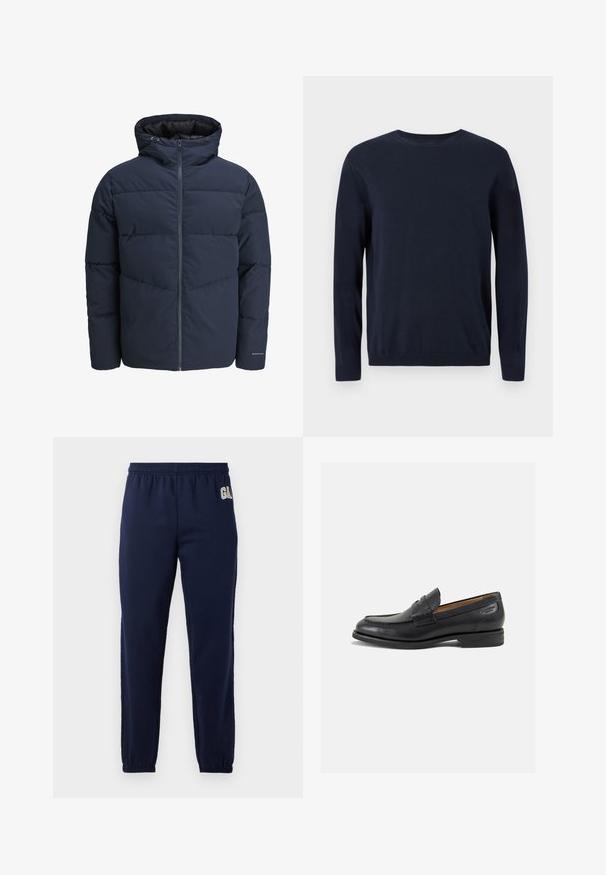 Mornarska puf jakna s kapuco, zadrgo spredaj in chevron vzorcem. Narejena iz teksturiranega blaga z elastičnimi manšetami in logotipom.; Temno modra pletena majica z dolgimi rokavi, krožnim izrezom in rebrastimi manšetami ter robom. Ima majhen logotip na prsih.; Mornarsko modri trenirki z elastičnim pasom in elastičnimi manšetami ter majhnim belim logotipom na zgornji levi strani.; Črne usnjene loafers cipele z gladko površino, zaobljenim nosom in dekorativnim šivom na vampu. Nizek zloženi peti in rahla sijaj.