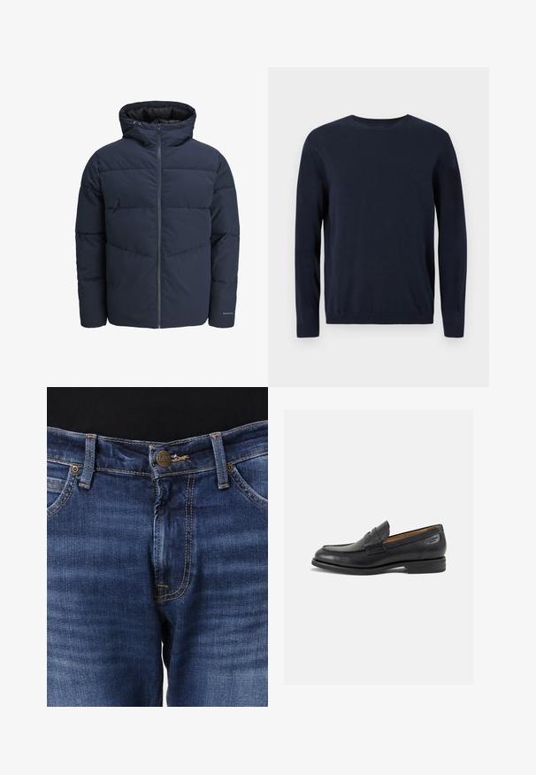 Tamsiai mėlynas pūkinis švarkas su gaubtu, užtrauktuku priekyje ir chevrono raštu. Pagamintas iš tekstūruotos medžiagos su elastinėmis rankovėmis ir logotipo detale.; Tamsiai mėlynas megztinis su ilgomis rankovėmis, apvaliu iškirpimu ir nusmukusiais rankogaliais bei apačia. Ant krūtinės yra mažas logotipas.; Mėlyni džinsai su tiesiu siluetu. Su mygtukų užtrauktuku, kontrastingomis siūlėmis ir penkių kišenių dizainu. Prekės ženklas "Lee" matomas ant mygtuko.; Juodi odiniai loafersai su lygiu paviršiumi, apvaliu pirštu ir dekoratyvine siūlė viršuje. Žemas sustiprintas kulnas ir lengvas blizgesys.