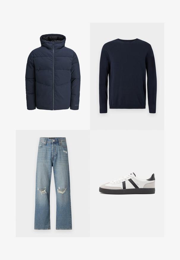 Tamsiai mėlynas pūkinis švarkas su gaubtu, užtrauktuku priekyje ir chevrono raštu. Pagamintas iš tekstūruotos medžiagos su elastinėmis rankovėmis ir logotipo detale.; Tamsiai mėlynas megztinis su ilgomis rankovėmis, apvaliu iškirpimu ir nusmukusiais rankogaliais bei apačia. Ant krūtinės yra mažas logotipas.; Šviesiai mėlynos džinsinės kelnės su tiesia kojų forma. Jose yra du suplėšyti kelio atidarymai ir klasikinė užtrauktuko kišenė su mygtuko uždarymu.; Balti sportbačiai su juodais ir pilkais akcentais, pasižymintys tekstūruotu pilku pirštų dangteliu, juoda gumine padais ir plokščiomis baltomis raišteliais. Švarus dizainas, minimalistinis stilius.