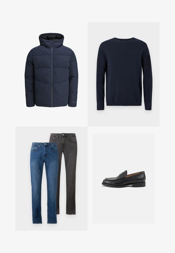 Sötétkék puffajacket kapucnival, cipzáros elülső résszel és chevron mintázattal. Texturált anyagból készült, rugalmas mandzsettákkal és logórészlettel.; Sötétkék kötött pulóver hosszú ujjal, kerek nyakkal, bordázott mandzsettával és szegéllyel. Kicsi logó található a mellkason.; Két pár farmer: az egyik középkék, elhalványult kivitelben, a másik sötétszürke, sima textúrával. Mindkettő egyenes szabású és öt zsebbel rendelkezik.; Fekete bőr loaferek sima felülettel, lekerekített orral és díszítő varrással a lábfejen. Alacsony, réteges sarkú és enyhe fényű.