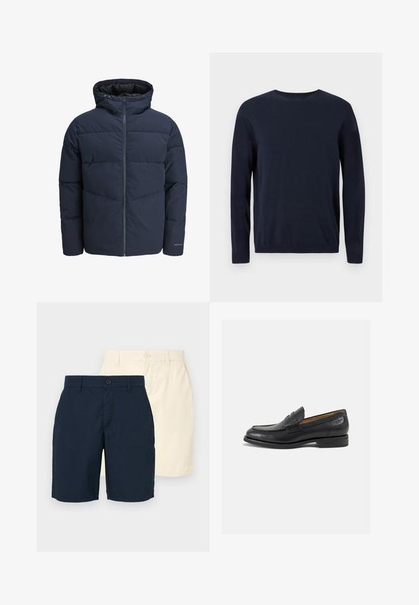 Giacca a vento blu navy con cappuccio, chiusura con zip e motivo a zig-zag. Realizzata in tessuto testurizzato con polsini elasticizzati e dettaglio del logo.; Maglione lavorato a maglia blu navy con maniche lunghe, scollatura a girocollo e polsini e orlo a coste. Presenta un piccolo logo sul petto.; Due pettorine: una blu navy e una beige chiaro. Entrambe hanno una linea dritta, chiusura con bottone e un tessuto liscio e leggero.; Mocassini in pelle nera con finitura liscia, punta arrotondata e cuciture decorative sulla tomaia. Tacco basso impilato e leggero lucido.