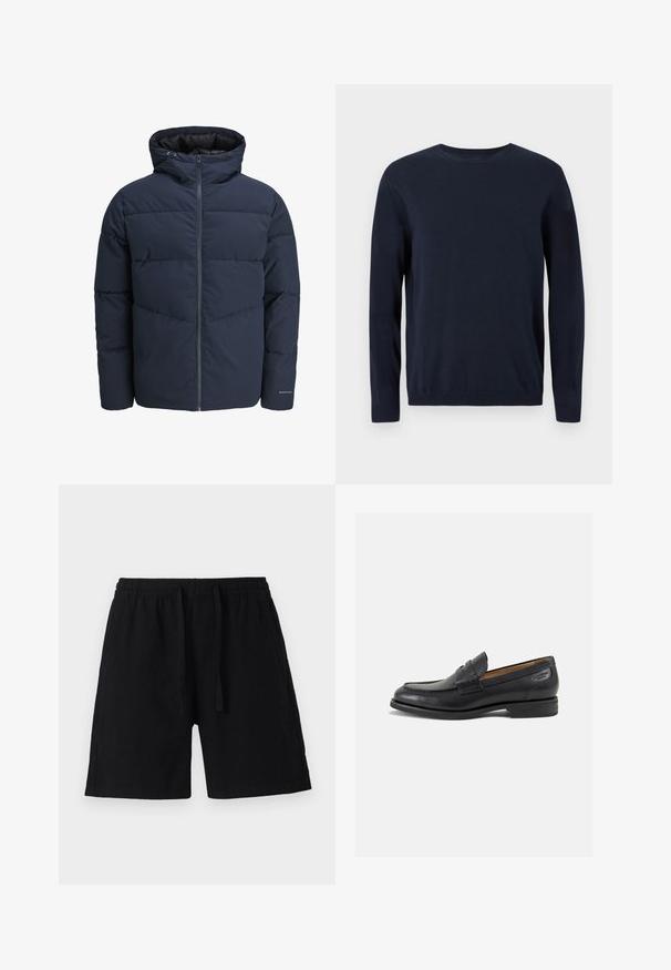 Marineblå pufferjakke med hætte, lynlås foran og chevron syning mønster. Lavet af tekstureret stof med elastiske manchetter og logo detaljer.; Marineblå strikket sweater med lange ærmer, rund halsudskæring og ribbede manchetter og kant. Har et lille logo på brystet.; Sorte shorts lavet af letvægtsmateriale med elastisk talje og snor. Har en afslappet pasform og ingen synlige lommer.; Sorte læder loafers med en glat finish, rund tå og dekorativ syning på vampen. Lav stablet hæl og let glans.