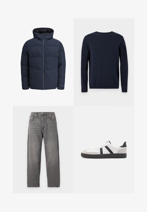 Marineblauwe pufferjas met capuchon, ritssluiting aan de voorkant en chevron-stikpatroon. Gemaakt van textiel met een gestructureerde stof, elastische manchetten en een logo-detail.; Marineblauwe gebreide trui met lange mouwen, ronde hals en geribbelde manchetten en zoom. Bevat een klein logo op de borst.; Grijze denim jeans met een ruime pasvorm, rechte pijpen, vijf-pocket ontwerp en metalen knoopsluiting. Kenmerkt zich door een vervaagde textuur en subtiele stiksels.; Witte sneaker met zwarte en grijze accenten, voorzien van een grijze neus met textuur, zwarte rubberen zool en platte witte veters. Schoon ontwerp, minimalistische stijl.