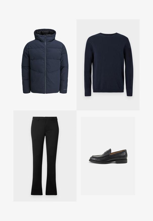 Navy puffer jacket with a hood, zip front, and chevron stitching pattern. Made from textured fabric with elastic cuffs and a logo detail.; Navy blue knitted sweater with long sleeves, crew neckline, and ribbed cuffs and hem. Features a small logo on the chest.; Black trousers made of smooth fabric, featuring a straight fit with slight flare at the hem, a front button closure, and belt loops.; Black leather loafers with a smooth finish, rounded toe, and decorative stitching on the vamp. Low stacked heel and slight shine.