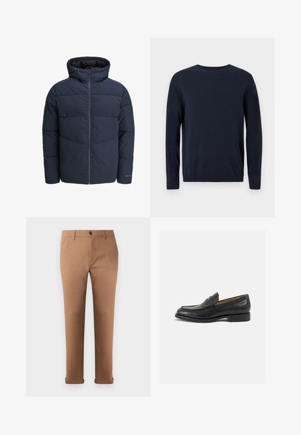 Marineblå pufferjakke med hætte, lynlås foran og chevron syning mønster. Lavet af tekstureret stof med elastiske manchetter og logo detaljer.; Marineblå strikket sweater med lange ærmer, rund halsudskæring og ribbede manchetter og kant. Har et lille logo på brystet.; Brune bomuldsbukser med lige pasform, der har en frontknaplukning, bæltestropper og opkrøllede cuffs ved sømmen.; Sorte læder loafers med en glat finish, rund tå og dekorativ syning på vampen. Lav stablet hæl og let glans.