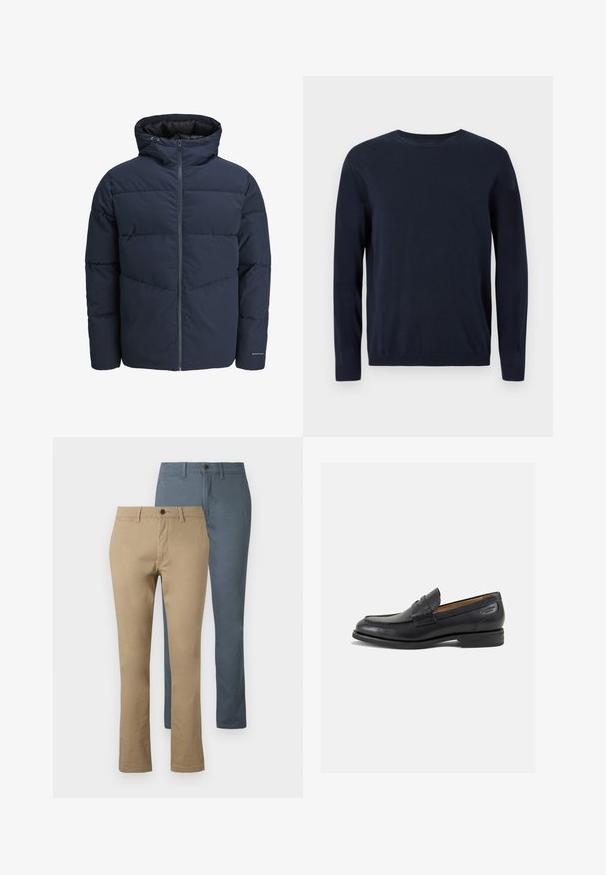 Tumesinine puhvpusa, millel on kapuuts, lukuga ees ja chevroni tikandi muster. Valmistatud tekstuursetest kangast, millel on elastsed mansetid ja logodetail.; Tumedat sinise värvi kootud sviiter pikkade varrukatega, ringkaelusega ning ribidega mansettide ja alläärega. Ees on väike logo.; Kaks paari sirge jala pükse: üks khaki ja teine tume sinine. Valmistatud puuvillast; omab vöökohta ja nupulukk.; Mustad mustad nahast loafers, sujuva viimistlusega, ümar sirge ja dekoratiivne tikand peal. Madal ja kergelt kuhjatud konts ning kerge läige.