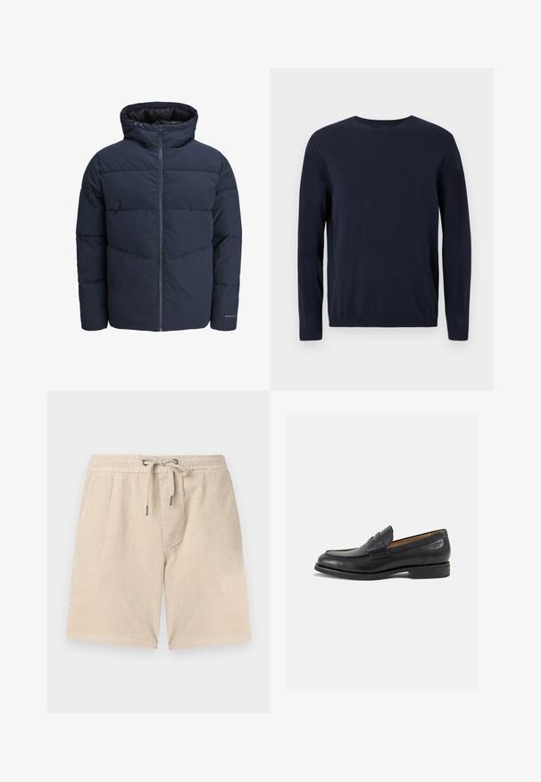 Tumesinine puhvpusa, millel on kapuuts, lukuga ees ja chevroni tikandi muster. Valmistatud tekstuursetest kangast, millel on elastsed mansetid ja logodetail.; Tumedat sinise värvi kootud sviiter pikkade varrukatega, ringkaelusega ning ribidega mansettide ja alläärega. Ees on väike logo.; Beesidist lühemad corduroy-püksid elastse vöökoha, nöörkinnituse ja külgekottidega; omad vertikaalse ribatekstuuri.; Mustad mustad nahast loafers, sujuva viimistlusega, ümar sirge ja dekoratiivne tikand peal. Madal ja kergelt kuhjatud konts ning kerge läige.