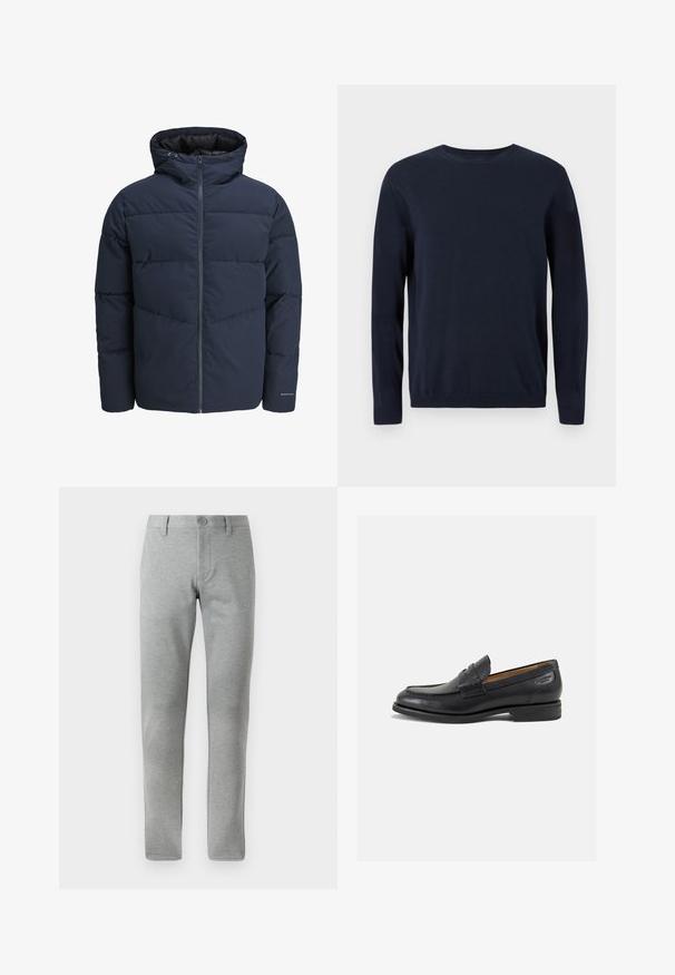 Mornarska puf jakna s kapuco, zadrgo spredaj in chevron vzorcem. Narejena iz teksturiranega blaga z elastičnimi manšetami in logotipom.; Temno modra pletena majica z dolgimi rokavi, krožnim izrezom in rebrastimi manšetami ter robom. Ima majhen logotip na prsih.; Sive hlače ravnega kroja, narejene iz teksturirane tkanine. Imajo gumbasto zapenjanje, zanke za pas in stranske žepke za funkcionalnost.; Črne usnjene loafers cipele z gladko površino, zaobljenim nosom in dekorativnim šivom na vampu. Nizek zloženi peti in rahla sijaj.
