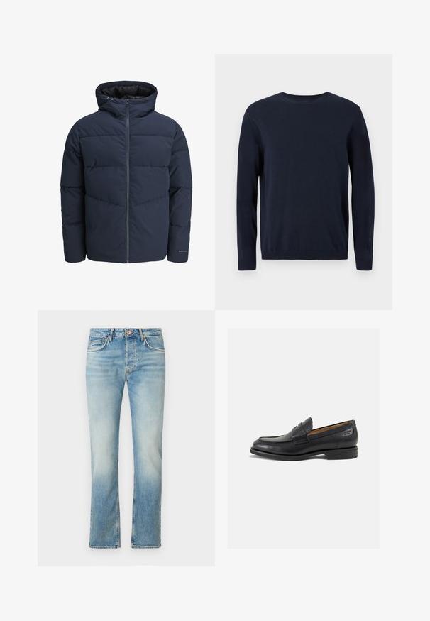 Meripihkalaavun takki hupulla, vetoketjulla ja chevron-niittykuviolla. Valmistettu teksturoidusta kankaasta, jossa on joustavat hihansuut ja logoyksityiskohta.; Tummansininen neulepaita, jossa on pitkät hihat, pyöreä kaula-aukko sekä ribbaus hihansuissa ja helmassa. Paitaa koristaa pieni logo rinnassa.; Vaaleansiniset farkut suoran lahkeen leikkauksella, joissa on kulunut tekstuuri, viisi taskua, etupainonappi ja hillityt tikkaus yksityiskohdat.; Mustat nahkaloaferit, joissa on sileä pinta, pyöreä varvas ja koristeompeleet varpaansuojassa. Matala pinottu korko ja hieno kiilto.