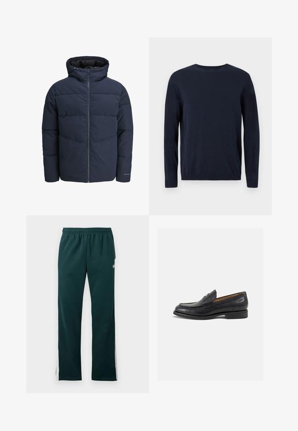 Navy pufferjakke med hette, glidelås foran og chevron søm mønster. Laget av strukturert stoff med elastiske mansjetter og logo detalj.; Marineblå strikkegenser med lange ermer, rund hals og ribbestrikkede mansjetter og nederkant. Har et lite logo på brystet.; Mørkegrønne joggebukser med elastisk linning og hvite striper som går nedover ytterkantene av bena.; Sorte lær loafers med en glat overflade, rund tå og dekorativ syning på forfoden. Lav stablet hæl og let glans.