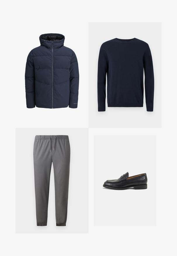 Chaqueta acolchada azul marino con capucha, cierre de cremallera y patrón de costura en forma de chevrón. Fabricada con un tejido texturizado, cuenta con puños elásticos y un detalle de logo.; Jersey de punto azul marino con mangas largas, cuello redondo y puños y dobladillo de canalé. Presenta un pequeño logotipo en el pecho.; Pantalones de chándal grises hechos de una tela suave, con una cintura elástica con cordón, tobillos ajustados y una textura lisa.; Mocasines de cuero negro con un acabado suave, punta redondeada y costuras decorativas en la parte superior. Tacón bajo apilado y un ligero brillo.