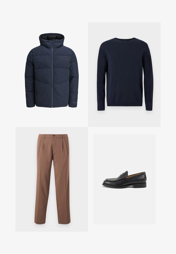 Námornícka prešívaná bunda s kapucňou, zipsom vpredu a šikmým prešívaním. Vyrobená z textúrovanej tkaniny s elastickými manžetami a detailom loga.; Námornícky modrý pletený sveter s dlhými rukávmi, okrúhlym výstrihom a rebrovanými manžetami a lemom. Obsahuje malé logo na hrudi.; Hnedé plisované nohavice so strihaním rovného strihu, s jedným gombíkom na zapínanie a hladkým, textúrovaným materiálom.; Čierne kožené mokasíny s hladkým povrchom, zaoblenou špičkou a dekoratívnym prešívaním na prednej časti. Nízky kokteilový opätok a jemný lesk.