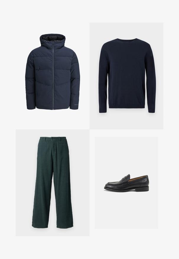 Mornarica puffer jakna s kapuljačom, zatvaranjem na zip i šavnim uzorkom u obliku chevrona. Izrađena od teksturirane tkanine s elastinim manžetama i detaljem s logotipom.; Mornarsko plava pletena majica dugih rukava, sa okruglim izrezom i rebrastim manžetama i donjim rubom. Sadrži mali logo na prsima.; Zelene široke hlače od korduroja ravnog kroja; sadrže kopčanje na dugme i dva bočna džepa. Teksturna, rebrasta tkanina.; Crne kožne loferice s glatkom površinom, zaobljenim vrhom i dekorativnim šavom na gornjem dijelu. Nizak potplat s malim potpeticama i blagi sjaj.