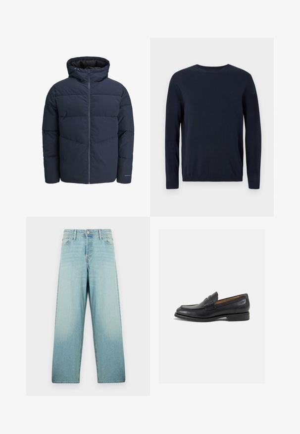 Meripihkalaavun takki hupulla, vetoketjulla ja chevron-niittykuviolla. Valmistettu teksturoidusta kankaasta, jossa on joustavat hihansuut ja logoyksityiskohta.; Tummansininen neulepaita, jossa on pitkät hihat, pyöreä kaula-aukko sekä ribbaus hihansuissa ja helmassa. Paitaa koristaa pieni logo rinnassa.; Vaaleansiniset leveät farkut, jotka on valmistettu denimistä ja joissa on haalistunut pesu. Varustettu edessä napilla kiinnityksellä ja viidellä taskulla.; Mustat nahkaloaferit, joissa on sileä pinta, pyöreä varvas ja koristeompeleet varpaansuojassa. Matala pinottu korko ja hieno kiilto.