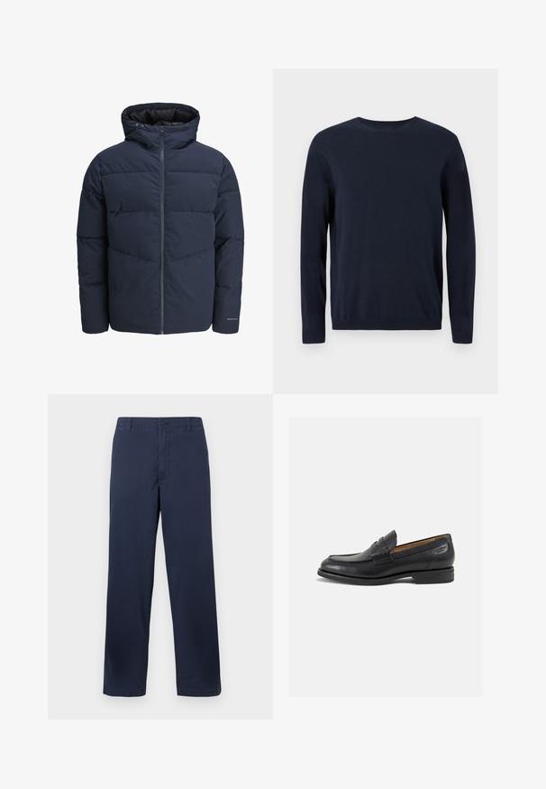 Námornícka prešívaná bunda s kapucňou, zipsom vpredu a šikmým prešívaním. Vyrobená z textúrovanej tkaniny s elastickými manžetami a detailom loga.; Námornícky modrý pletený sveter s dlhými rukávmi, okrúhlym výstrihom a rebrovanými manžetami a lemom. Obsahuje malé logo na hrudi.; Námornícke modré bavlnené nohavice so strižením do rovna, s predným zapínaním na gombík, pútkami na opasok a hladkou textúrou.; Čierne kožené mokasíny s hladkým povrchom, zaoblenou špičkou a dekoratívnym prešívaním na prednej časti. Nízky kokteilový opätok a jemný lesk.