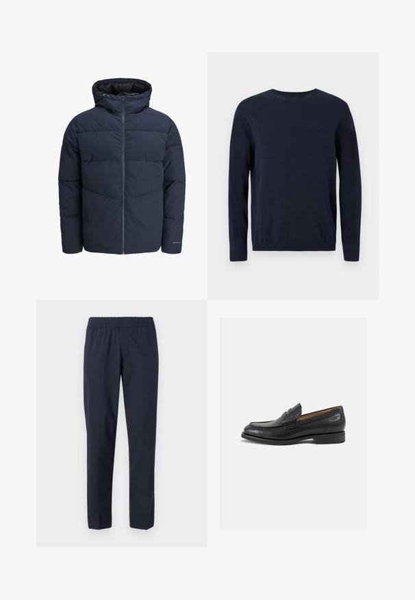 Veste en duvet navy avec capuche, fermeture éclair à l'avant et motif de piqûre en chevrons. Fabriquée en tissu texturé avec des poignets élastiques et un détail de logo.; Pull en maille bleu marine à manches longues, col rond, avec des poignets et un ourlet côtelés. Présente un petit logo sur la poitrine.; Pantalon bleu marine avec une taille élastique, jambes droites, tissu léger et sans poches ni ornements visibles.; Mocassins en cuir noir avec une finition lisse, bout rond et coutures décoratives sur la tige. Talon bas empilé et léger brillant.