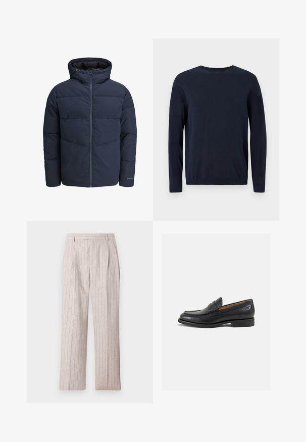 Sötétkék puffajacket kapucnival, cipzáros elülső résszel és chevron mintázattal. Texturált anyagból készült, rugalmas mandzsettákkal és logórészlettel.; Sötétkék kötött pulóver hosszú ujjal, kerek nyakkal, bordázott mandzsettával és szegéllyel. Kicsi logó található a mellkason.; Világos bézs színű, magas derekú nadrág, textúrált anyagból készült. Függőleges csíkos mintával, elöl redőzött és széles szárakkal rendelkezik.; Fekete bőr loaferek sima felülettel, lekerekített orral és díszítő varrással a lábfejen. Alacsony, réteges sarkú és enyhe fényű.