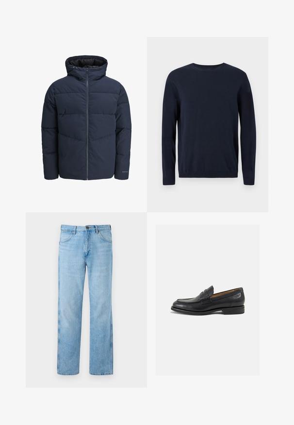 Giacca a vento blu navy con cappuccio, chiusura con zip e motivo a zig-zag. Realizzata in tessuto testurizzato con polsini elasticizzati e dettaglio del logo.; Maglione lavorato a maglia blu navy con maniche lunghe, scollatura a girocollo e polsini e orlo a coste. Presenta un piccolo logo sul petto.; Jeans azzurri dritti in denim, con un classico design a cinque tasche, dettagli cuciti e chiusura con bottone metallico.; Mocassini in pelle nera con finitura liscia, punta arrotondata e cuciture decorative sulla tomaia. Tacco basso impilato e leggero lucido.