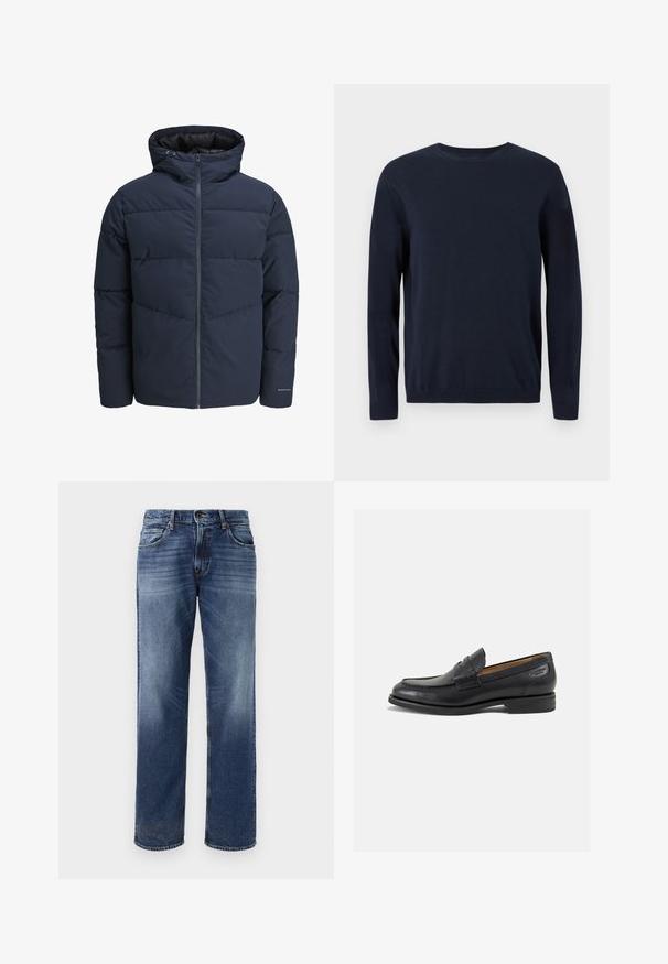 Námornícka prešívaná bunda s kapucňou, zipsom vpredu a šikmým prešívaním. Vyrobená z textúrovanej tkaniny s elastickými manžetami a detailom loga.; Námornícky modrý pletený sveter s dlhými rukávmi, okrúhlym výstrihom a rebrovanými manžetami a lemom. Obsahuje malé logo na hrudi.; Pánske modré rifľové nohavice so strihom rovného nohavice, s ľahkým vyblednutím, piatimi vreckami a zapínaním na gombík.; Čierne kožené mokasíny s hladkým povrchom, zaoblenou špičkou a dekoratívnym prešívaním na prednej časti. Nízky kokteilový opätok a jemný lesk.