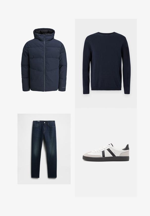 Námořnická puffer bunda s kapucí, zipem vpředu a šikmým švem. Vyrobena z texturované látky s elastickými manžetami a detailem loga.; Námořnický modrý pletený svetr s dlouhými rukávy, kulatým výstřihem a ribbovanými manžetami a lemem. Má malé logo na hrudi.; Tmavě modré džíny rovného střihu se pěti kapsami, zapínáním na knoflík a jemným vyblednutím na stehnech. Klasické švy.; Bílé tenisky s černými a šedými akcenty, opatřené texturovaným šedým prstovým krytem, černou gumovou podrážkou a plochými bílými tkaničkami. Čistý design, minimalistický styl.