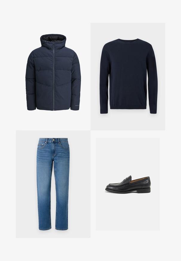 Tamsiai mėlynas pūkinis švarkas su gaubtu, užtrauktuku priekyje ir chevrono raštu. Pagamintas iš tekstūruotos medžiagos su elastinėmis rankovėmis ir logotipo detale.; Tamsiai mėlynas megztinis su ilgomis rankovėmis, apvaliu iškirpimu ir nusmukusiais rankogaliais bei apačia. Ant krūtinės yra mažas logotipas.; Mėlynos džinsinės kelnės su tiesiu siluetu, turinčios priekines kišenes, užtrauktuką ir užsegimą mygtuku. Lygus paviršius ir klasikine džinsų spalva.; Juodi odiniai loafersai su lygiu paviršiumi, apvaliu pirštu ir dekoratyvine siūlė viršuje. Žemas sustiprintas kulnas ir lengvas blizgesys.