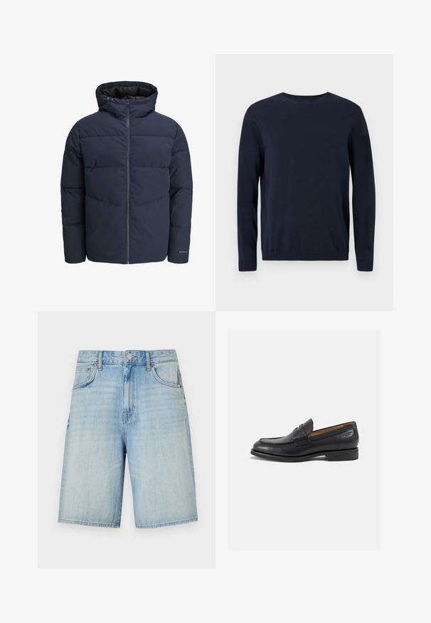 Sötétkék puffajacket kapucnival, cipzáros elülső résszel és chevron mintázattal. Texturált anyagból készült, rugalmas mandzsettákkal és logórészlettel.; Sötétkék kötött pulóver hosszú ujjal, kerek nyakkal, bordázott mandzsettával és szegéllyel. Kicsi logó található a mellkason.; Világoskék farmer sort, egyenes szabású, gombbal és cipzárral záródik, öt zseb található rajta, és enyhén elhalványult a színe.; Fekete bőr loaferek sima felülettel, lekerekített orral és díszítő varrással a lábfejen. Alacsony, réteges sarkú és enyhe fényű.