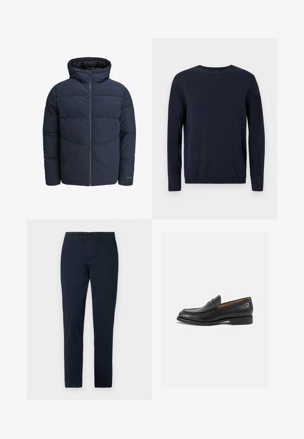 Jūras spēku stila pūkains džemperis ar kapuci, ar rāvējslēdzēju priekšpusē un ķevrona šuvju rakstu. Izgatavots no teksturēta auduma, ar elastīgām aprocēm un logotipa detalizāciju.; Tumši zila adīta džemperis ar garām piedurknēm, apaļu kakla izgriezumu un ribotiem piedurkņu galiem un apakšmalu. Uz krūtīm ir neliels logo.; Tumši zilo kokvilnas biksēm, ar taisnu kāju dizainu, priekšējām kabatām, pogu aizdari un smalkiem izšuvumiem.; Melnas ādas loafers ar gludu apdari, noapaļotu purngalu un dekoratīvām šuvēm uz virsu. Zems, sakrauta papēža un neliels spīdums.