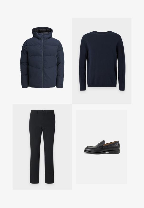 Marineblaue Pufferjacke mit Kapuze, Reißverschluss vorne und Chevron-Nähten. Hergestellt aus strukturiertem Stoff mit elastischen Bündchen und einem Logodetail.; Marineblauer Strickpullover mit langen Ärmeln, Rundhalsausschnitt und gerippten Bündchen sowie Saum. Es hat ein kleines Logo auf der Brust.; Schwarze, gerade geschnittene Hosen aus glattem Material. Verfügt über einen Frontknopfverschluss, Gürtelschlaufen und zwei Seitentaschen.; Schwarze Leder Slipper mit glatter Oberfläche, runder Spitze und dekorativer Naht auf dem Vorderblatt. Niedriger Blockabsatz und leichter Glanz.